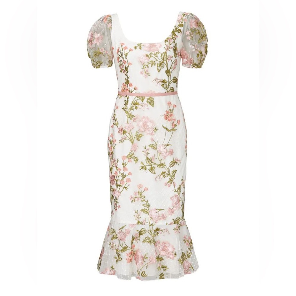 Marchesa Notte Floral Embroidered Puff Sleeve Dress